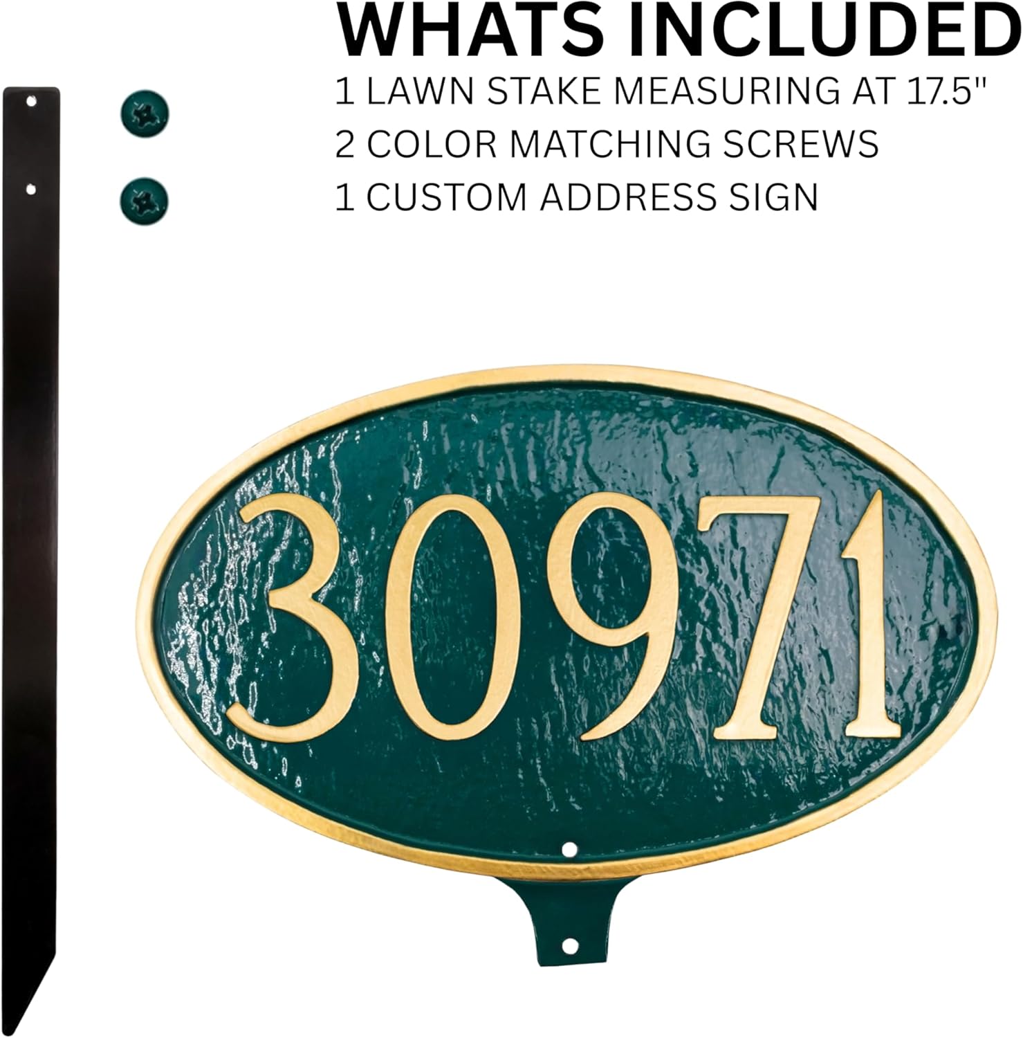 Montague Metal Products Cast Metal Address Plaque with lawn stake, USA Made Custom House Number Sign, Classic Oval,13.25 x 8 inches, Hunter green with Gold