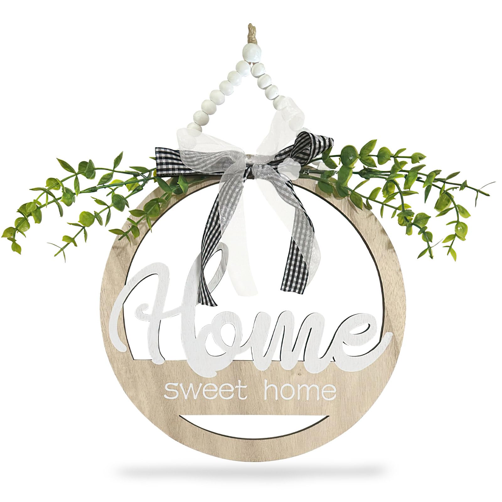 Welcome Sign for Front Door, Farmhouse Porch Decor, Round Wooden Wreath with Greenery, Housewarming Gift, Indoor & Outdoor Home Decoration