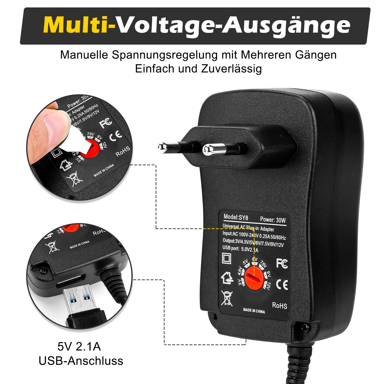 Vegena 30W Universal Netzteil – Einstellbar 3-12V, Mit 10 DC-Steckern, Für LED, Router, Babyphone