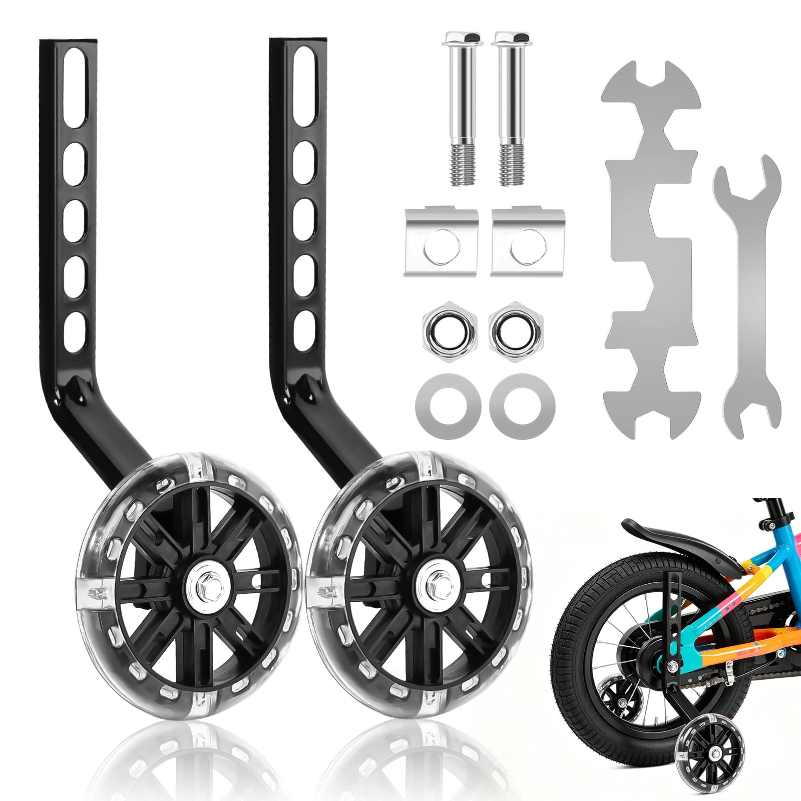 Auxiliaire Roue Bicyclette, 1 Paire Stabilisateur Velo Enfant Noires, Roulette Velo Universelle avec Roues Flash Muettes, Roulette Velo pour Vélo à Vitesse Unique de 12 14 16 18 20 Pouces