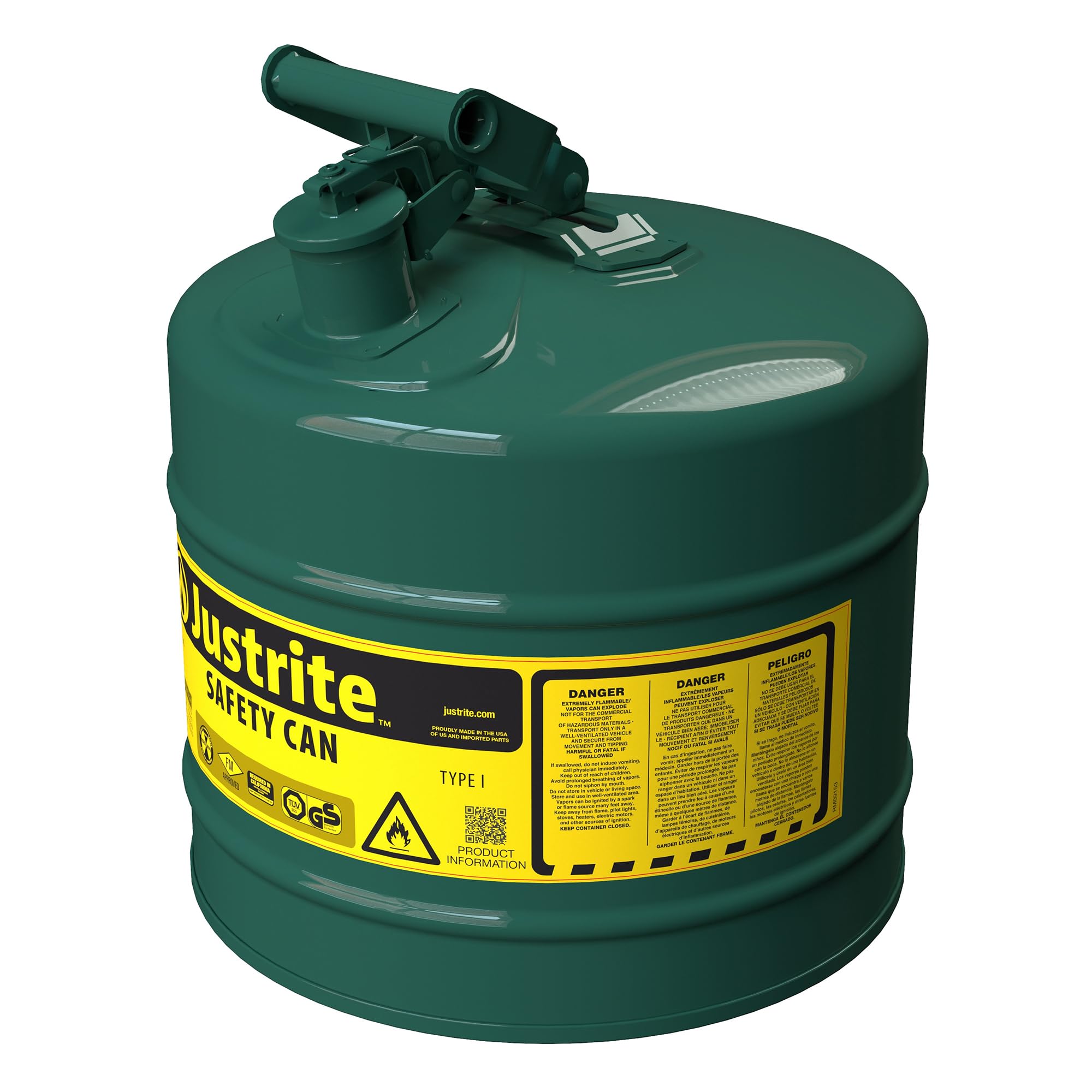 Justrite Type I Oils Safety Can, Green Galvanized Steel, Made in the USA