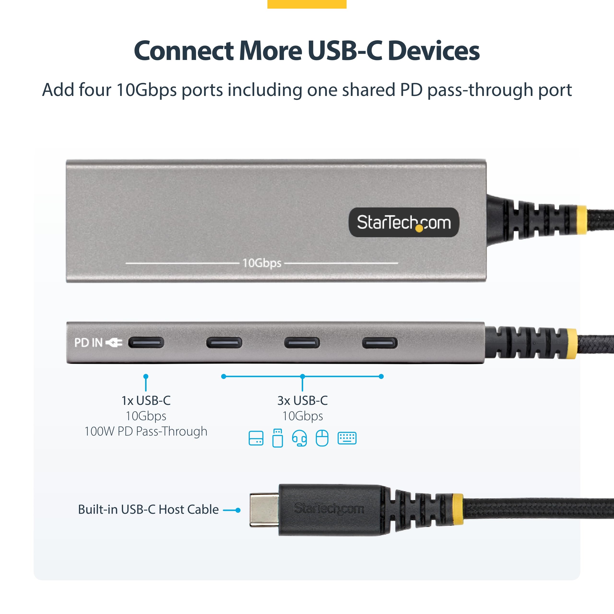 StarTech Hub USB-C 4 Ports 10Gbps, Recharge PD 100W (309B-USBC-HUB) | Station d'accueil, dock, Aluminium PCR, MacBook, Dell, iPad