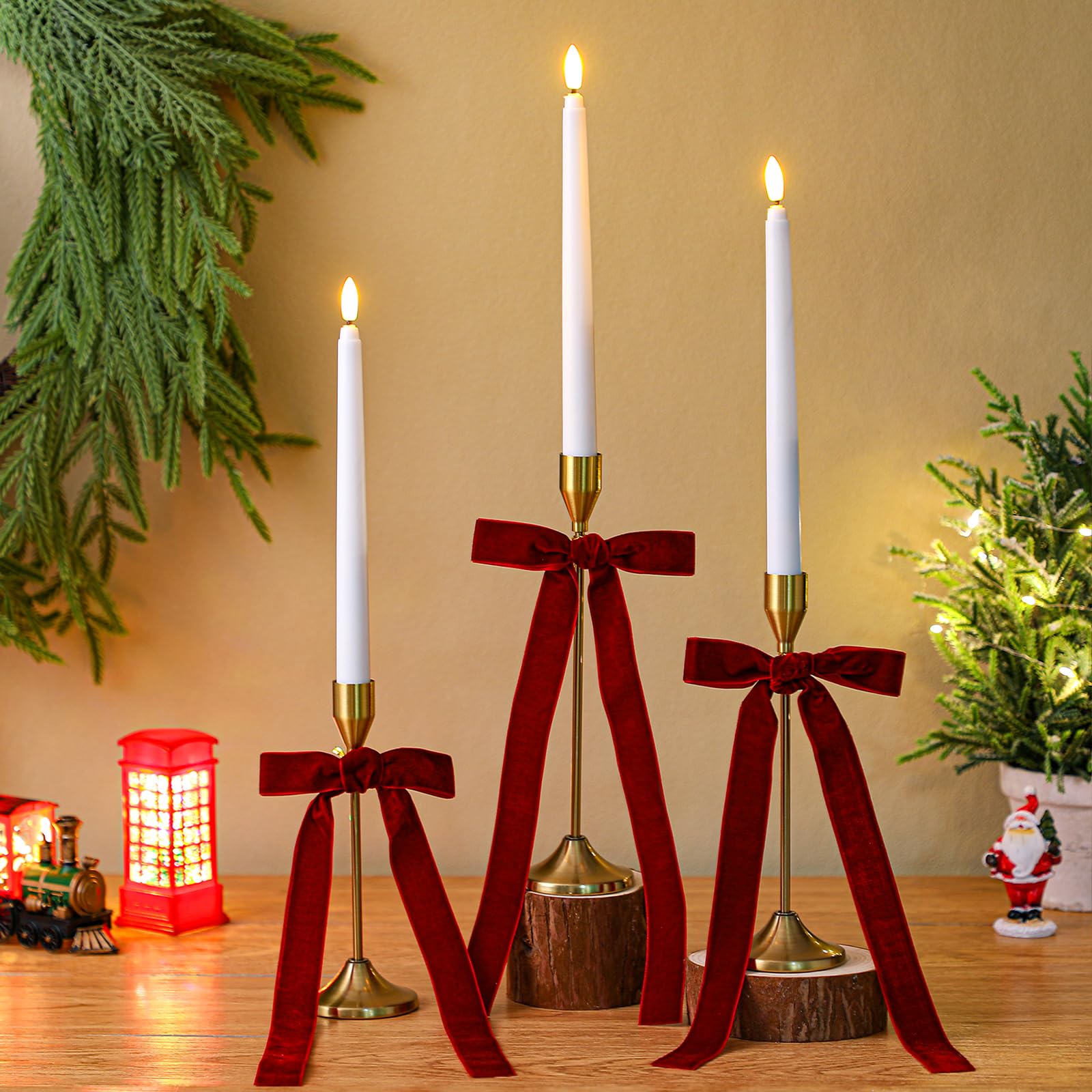 Amyhill 3 Sets Christmas Candle Stick Holders with LED Candle and Velvet Red Bows Metal Gold Xmas Taper Holders Modern Decorative Centerpiece for Xmas Table Mantel Wedding Housewarming Gift