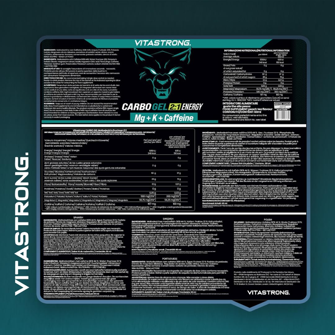 Vitastrong Carbo Gel 2:1 Energy, 24 x 60ml Monodosis, 40g Kohlenhydraten, 56mg Magnesium und 300mg Kalium/Portion, Maltodextrin für Intra-Workout (60ml (24er-Packung), Kohlenhydratgel mit Koffein)