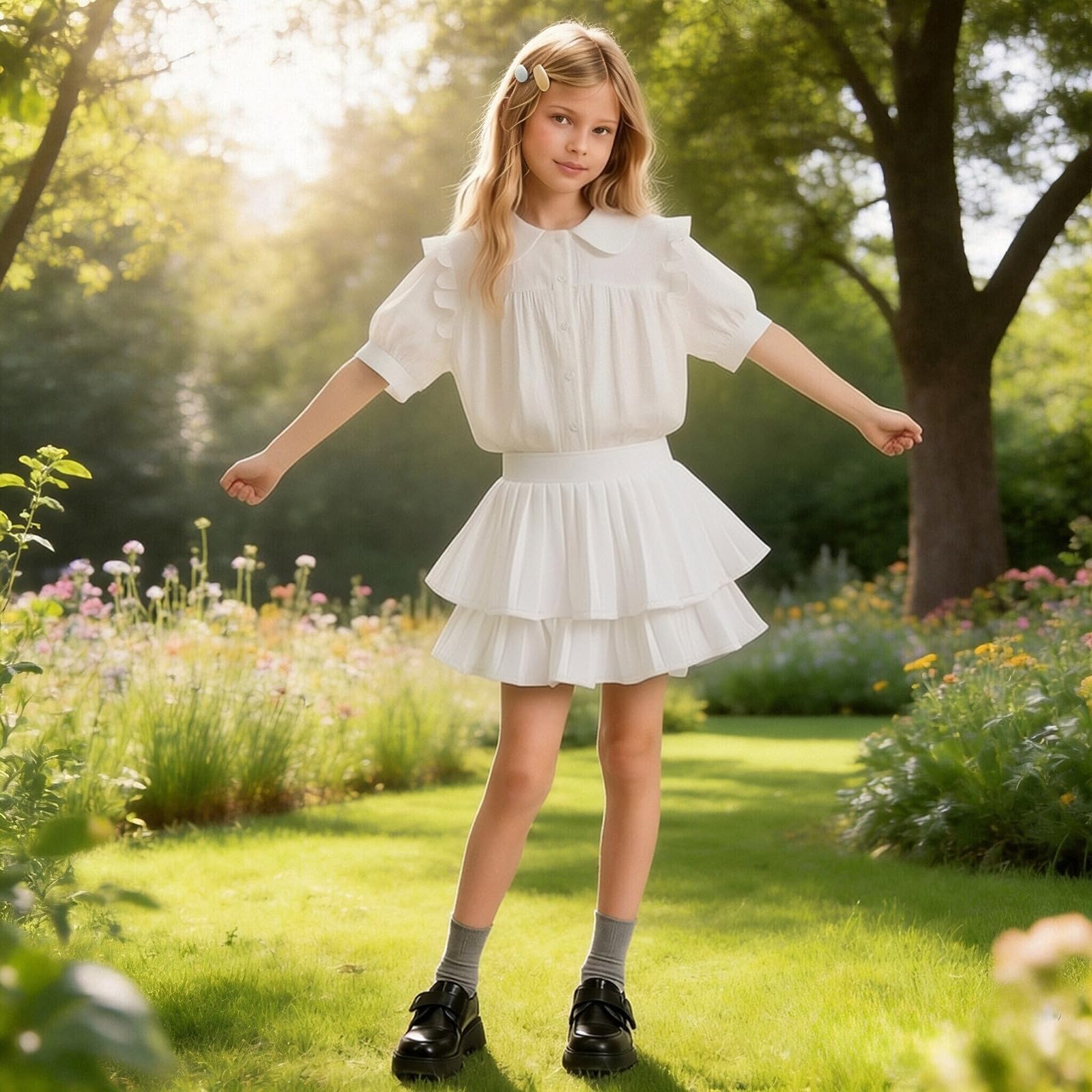 Générique Jupe d'été à Volants et à étages, Style décontracté Chic, Short plissé trapèze pour Petites Filles (White, 4-5 Years)