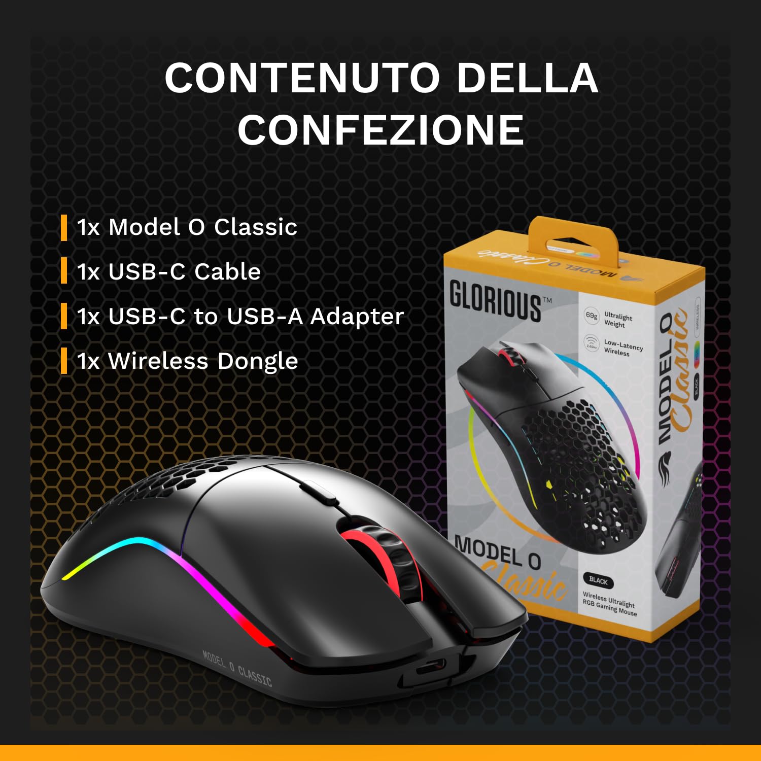 GLORIOUS Model O Classic Mouse PC da Gaming Wireless - Bassa latenza, sensore 19K DPI, Design a Nido D'ape (69 g), RGB Personalizzabile, Switch Meccanici da 100 mln di clic, Tasti programmabili - Nero