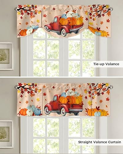 Miniatura 5 de Cenefas de otoño para ventanas de cocina, cenefa de cortina de calabaza de cosecha de camión rojo para cocina, sala de estar, cortina de ventana de