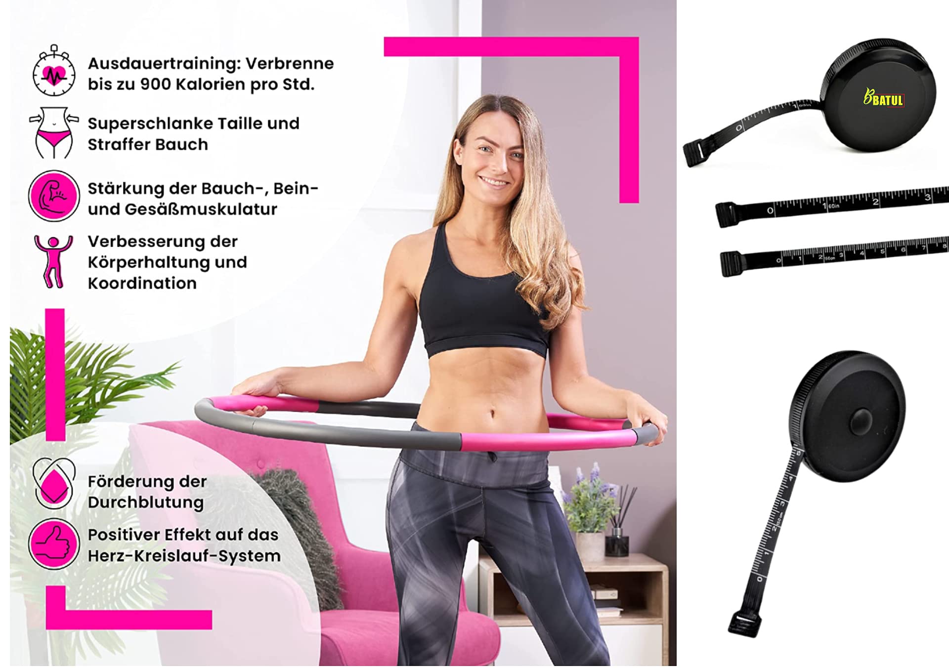 Hula Hoop Ring Reifen Erwachsene und Kinder 5-8 Sektionen Abnehmen & HIIT Training | Bauch Beine Po Training | Fitness Set 4-teilig inklusive Springseil, Maßband & Tasche zur Aufbewahrung