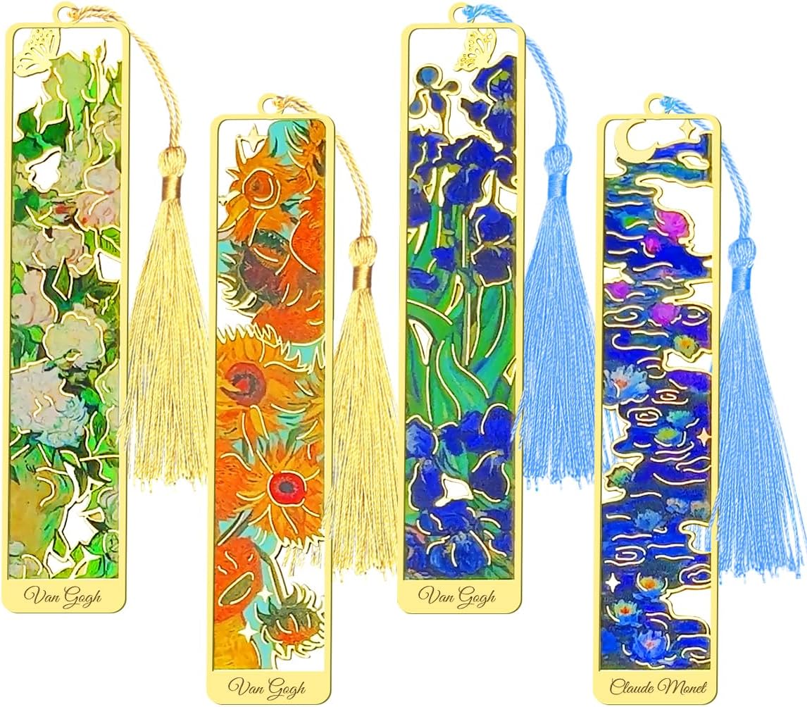 Kinsound Metal Bookmarks with Tassel, Golden Van Gogh Monet Oil Painting Theme Cute Hollow Book Markers for Reading Women, Teachers, Students, Reading Accessories Gifts for Book Lovers (Style A(4PCS))