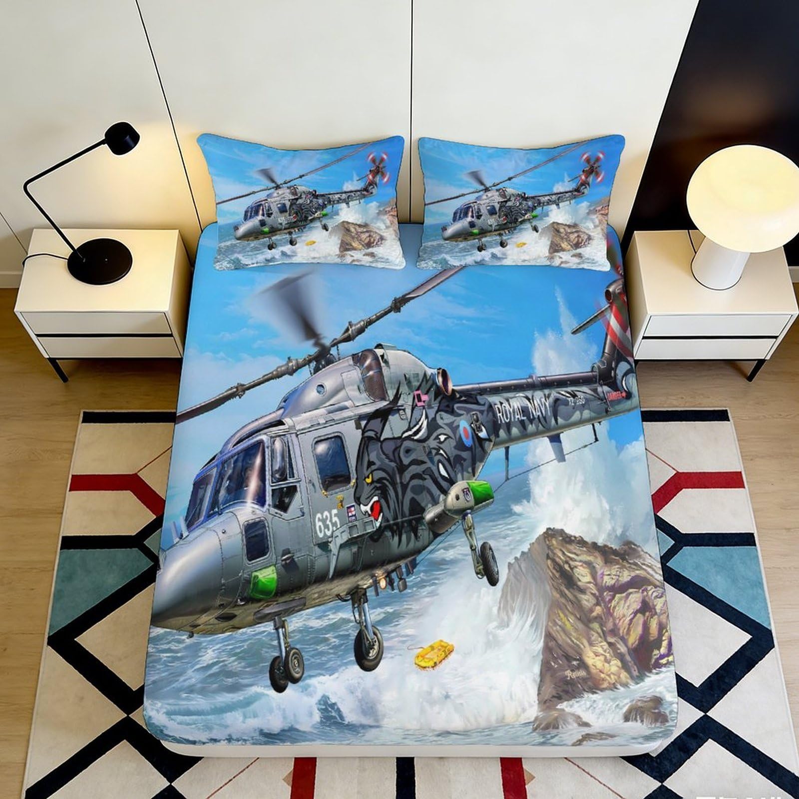 3D Printed Helicopter Fitted Sheet Microfiber Durable Soft Blue Aircraft Bed Cover for Bedroom Dormitory Guest Room Mattress Protection Decor 120x200x25cm