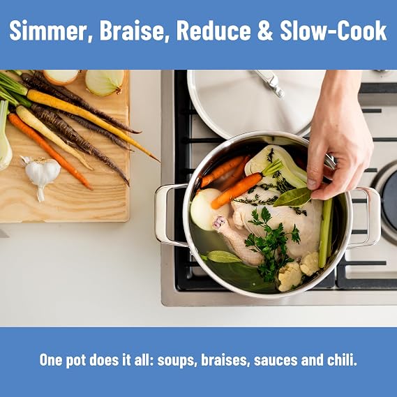 Misen 5-Ply Stainless Steel Stockpot Large Cooking Pot for Boiling, Simmering & Stewing - Consistent, Even Heating - Durable, Dishwasher Safe Oven-Safe to 800F, Induction Ready - 6.75 QT