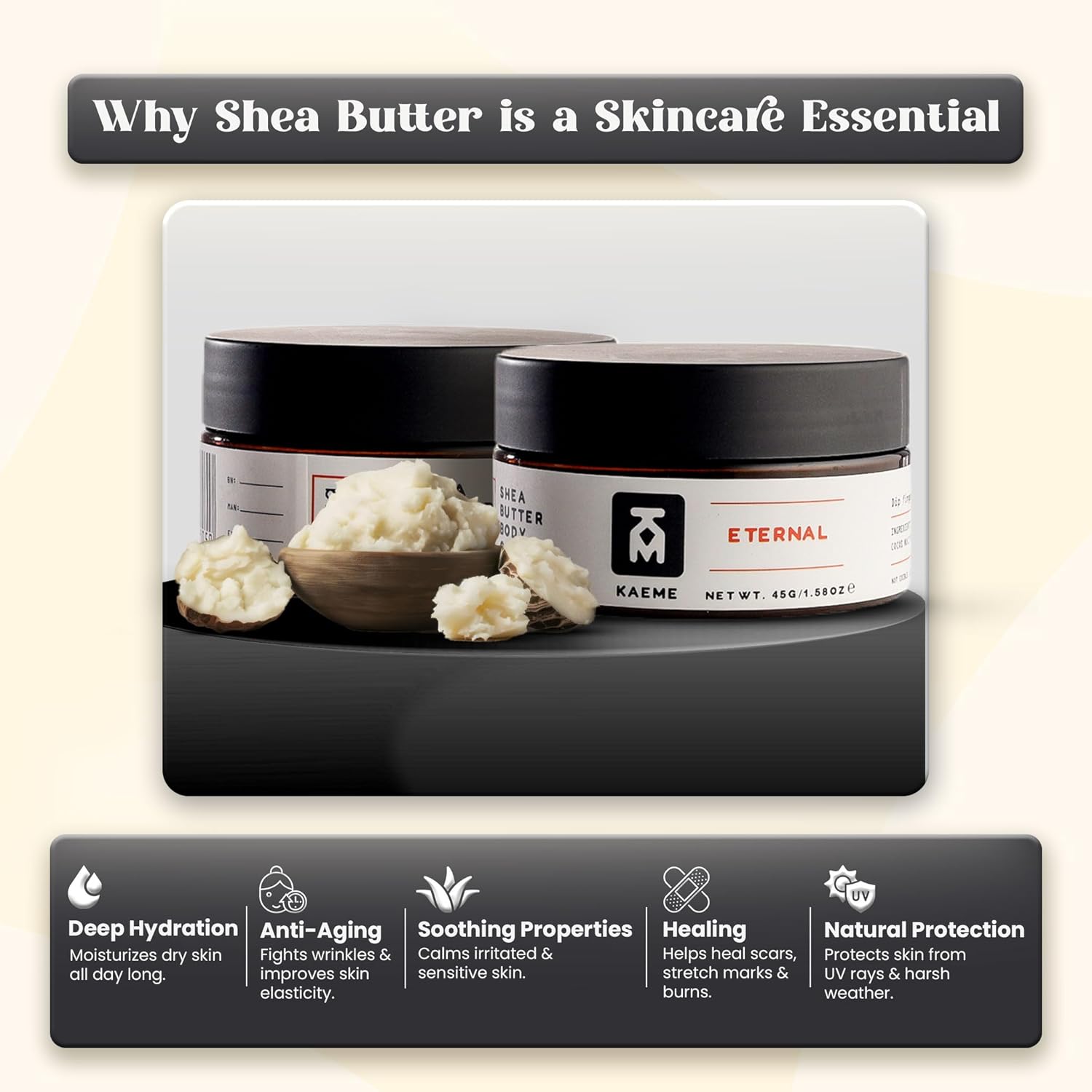 Kaeme.com Eternal Non-Greasy Whipped Shea Body Butter For Face, Body, Hair-Made With 100% Organic Raw Unrefined Shea & Coconut Oil, Deep Hydration for Dry, Sensitive Skin, Eczema Relief-3.4oz/100g Jar