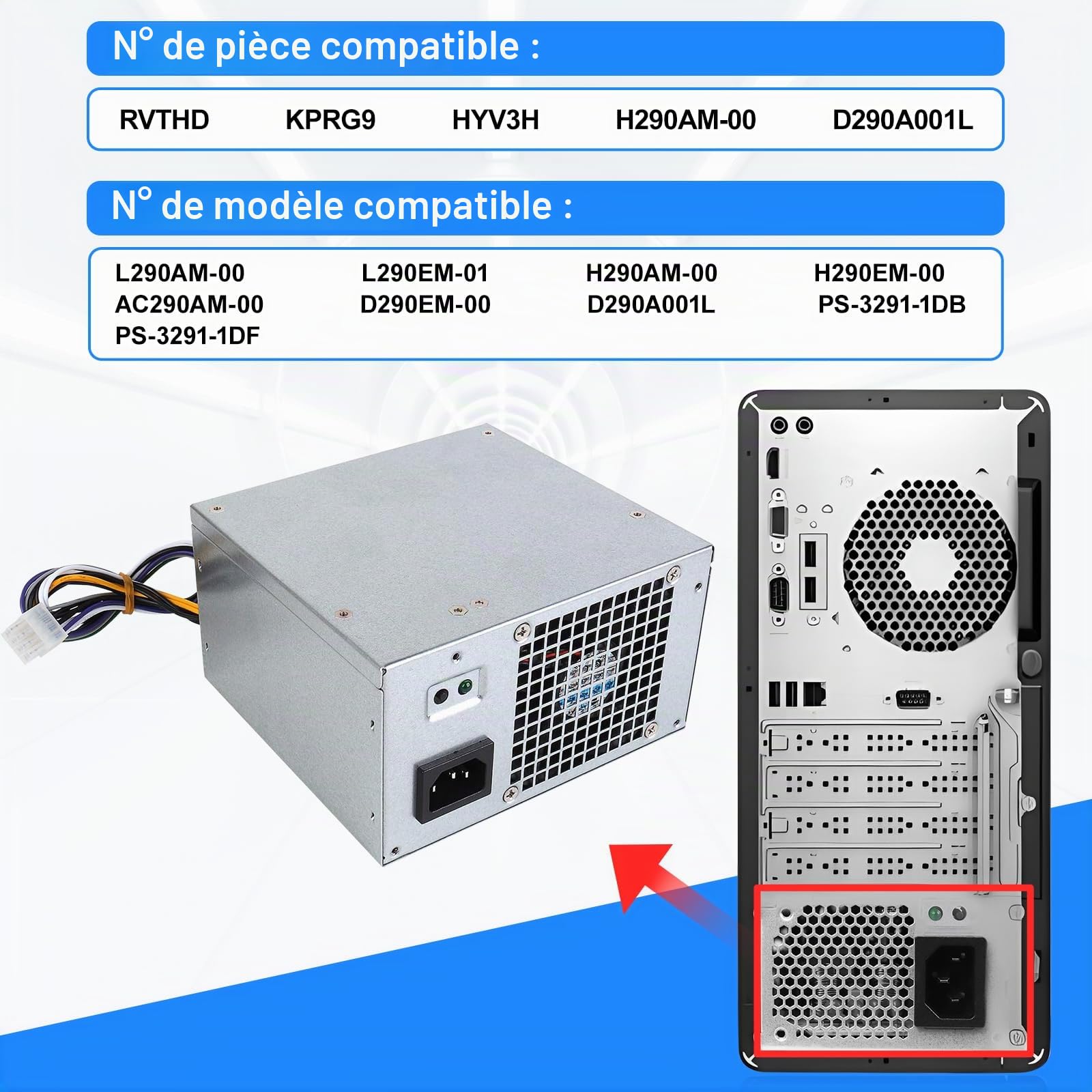 S-Union H290AM-00 Bloc d'alimentation 290 W Compatible avec Dell Optiplex 3020 7020 9020/Precision T1700/PowerEdge T20 (MT Mini Tower) RVTHD KPRG9 HYV3H D290A001L L290AM-00 PS-3291-1DF H290EM-00