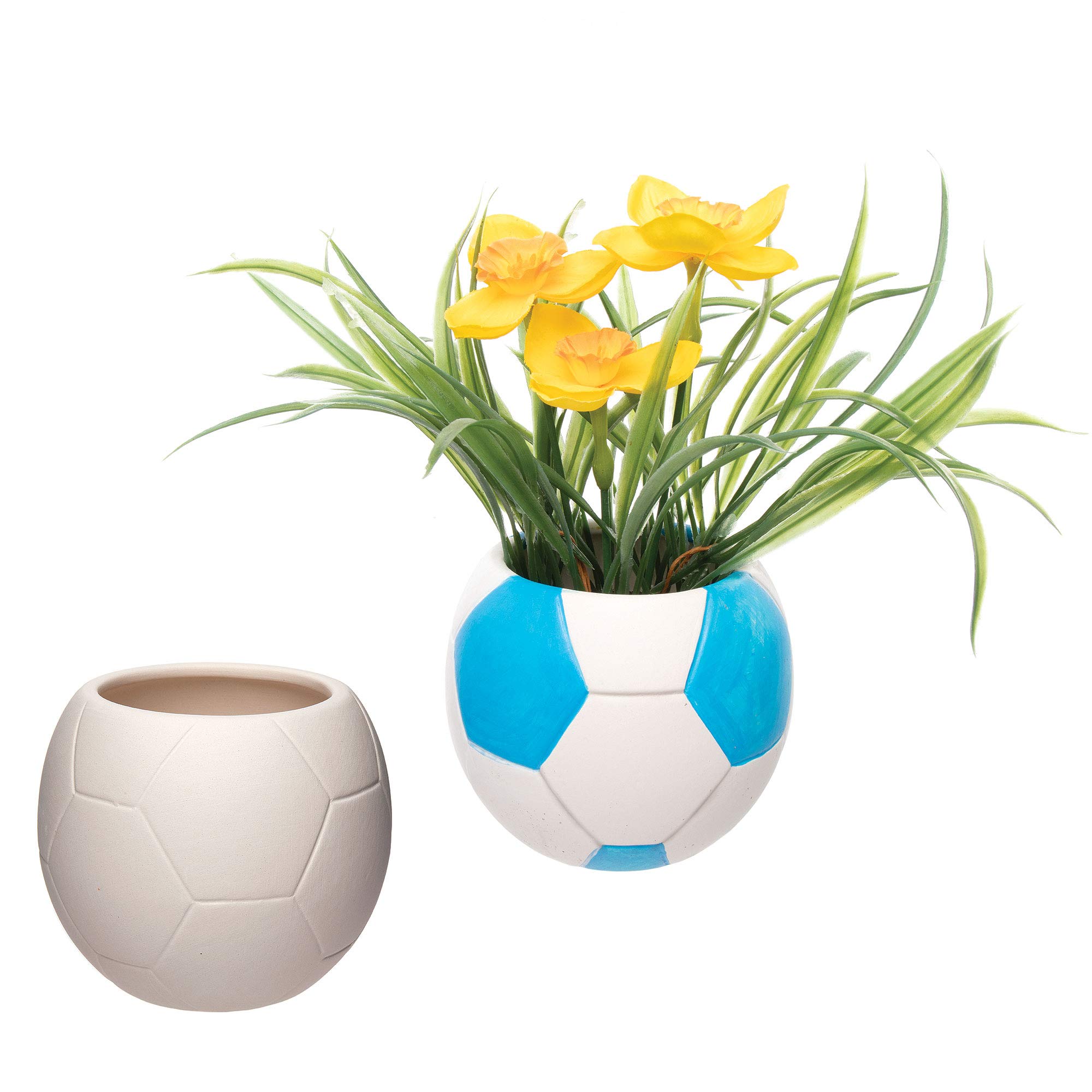 Baker Ross AT800 Football Ceramic Flowerpots, Creative Art and Craft Supplies for Kids to Make, Personalise and Decorate (Pack of 2), Assorted