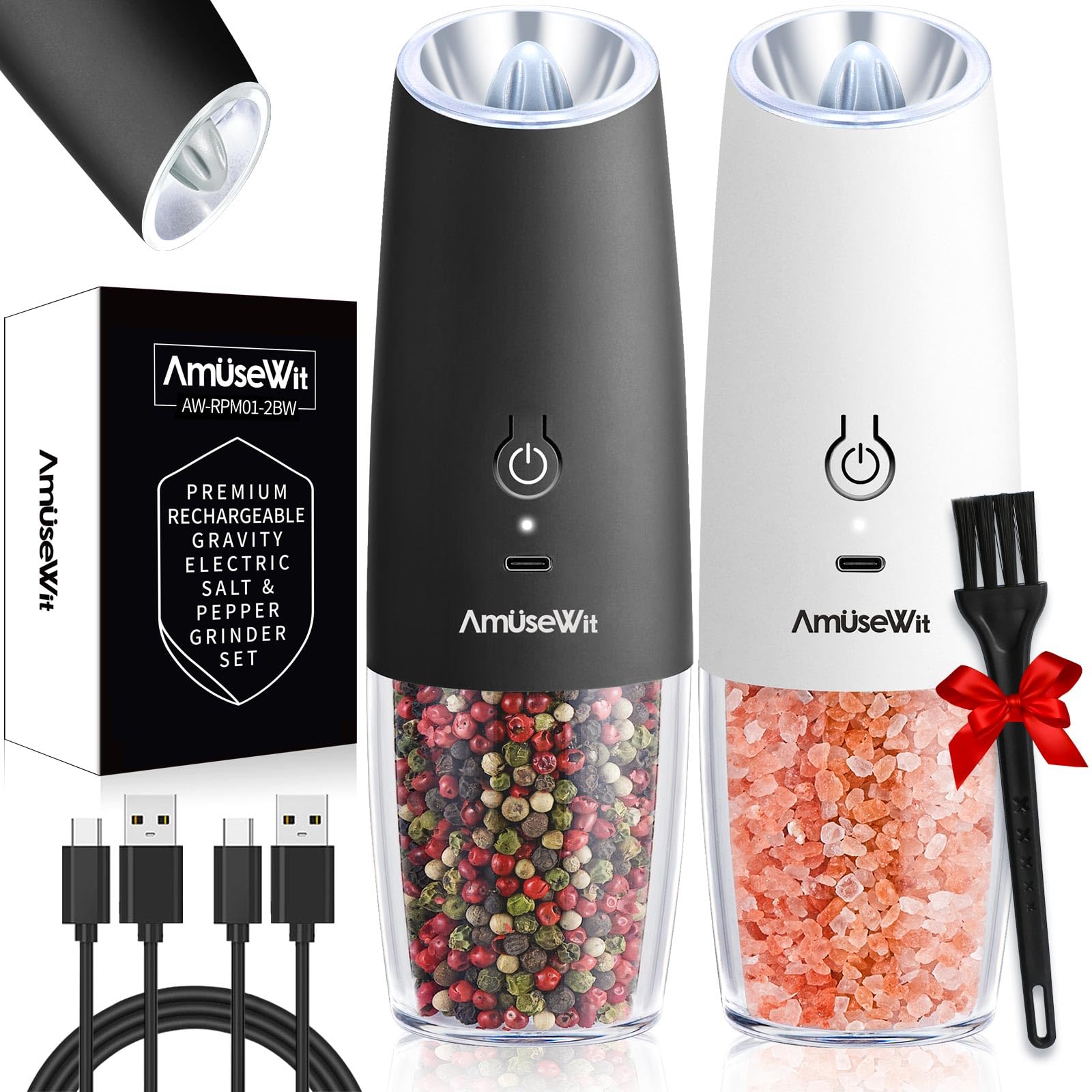AmuseWit Gravity - Juego de molinillos eléctricos de sal y pimienta [luz blanca] molinillos de pimienta y sal automáticos recargables por USB, grosor ajustable, funcionamiento con una sola mano,