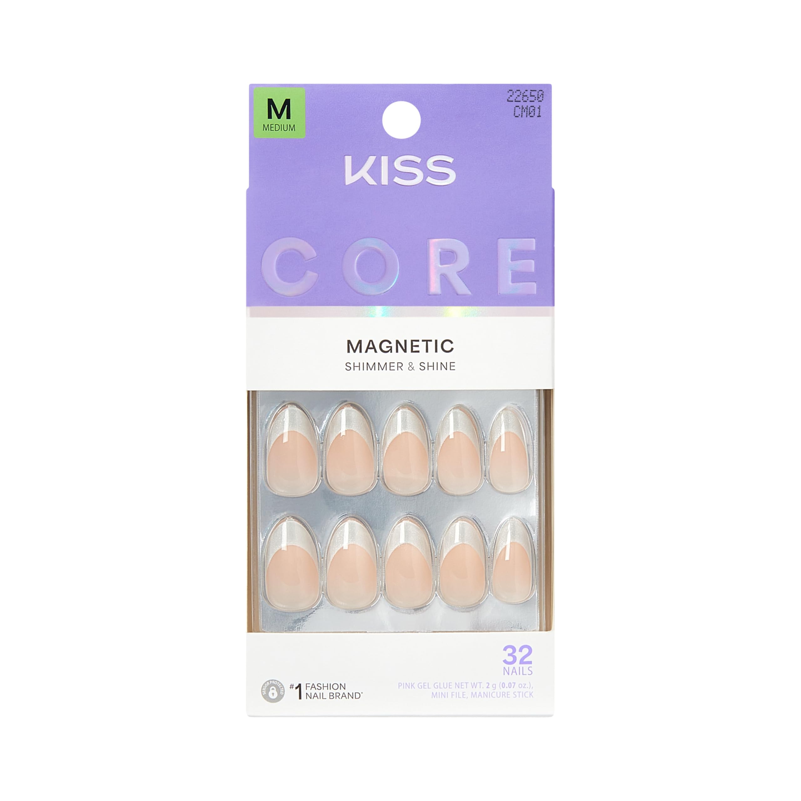 Kiss CORE, Press On Nails, Nail glue included, 'Patchouli', White, Medium Size, Almond Shape, Includes 32 Nails, 2g Glue, 1 Manicure Stick, 1 Mini