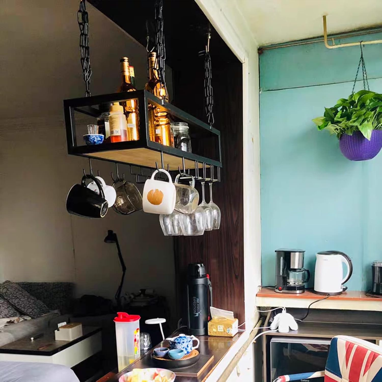 Ceiling Hanging Bar Unit Bar Wine Rack Restaurant Ceiling Mounted Wine Bottle Racks, Vintage Iron Art Hanging Adjustable Height Width Wine Glass Holder for Bars Kitens Decoration (