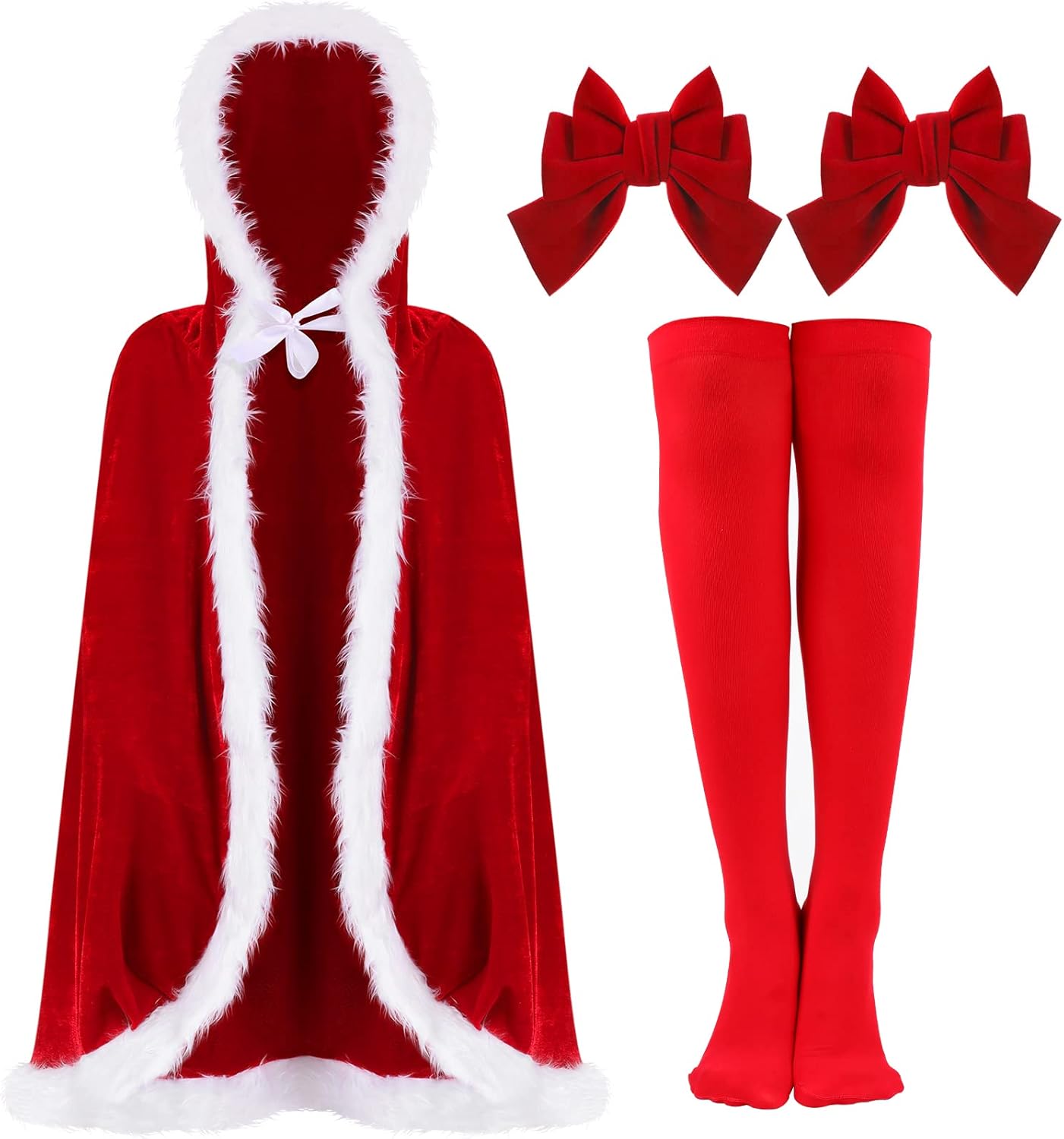 Geyoga Red Velvet Princess Cloak Costume with Solid Thigh Highs Socks Cheerleading Bow Christmas Santa Fur Princess Cape(Medium) Medium As Show in the Picture