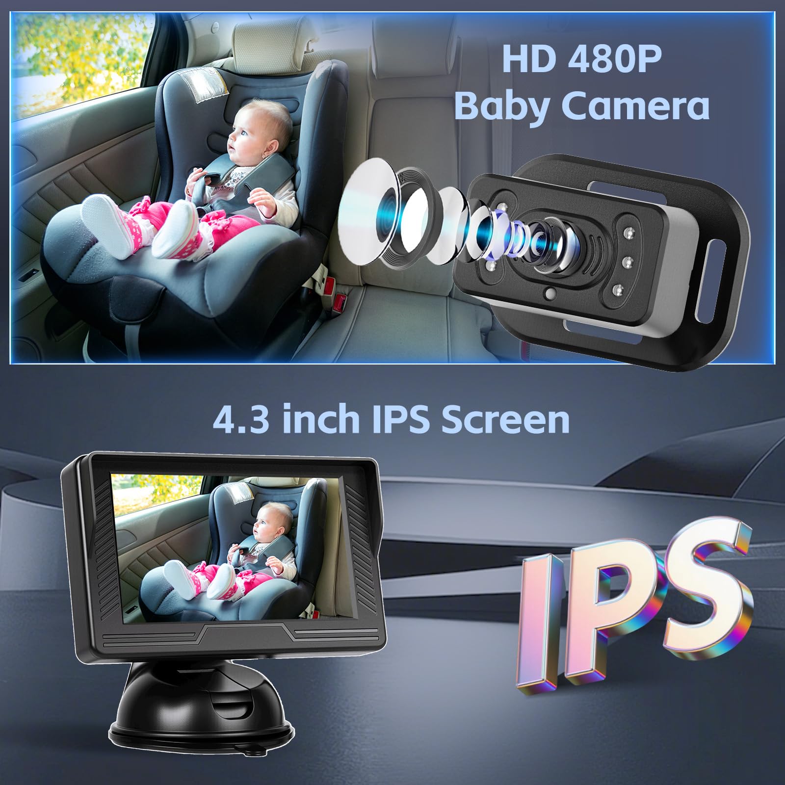 Hikity Baby Car Camera con Monitor 480P Monitor para Coche de 4,3" con Cámaras de Visión Nocturna de 360°Cámara Giratoria para Silla de Seguridad Infantil para la Vigilancia de Niños y Mascotas