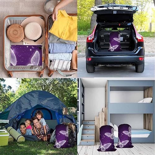 Miniatura 7 de Swono Bolsas de lavandería con diseño de mariposas moradas de 28 x 40 pulgadas, cesta de lavandería mágica con destellos de animales voladores,