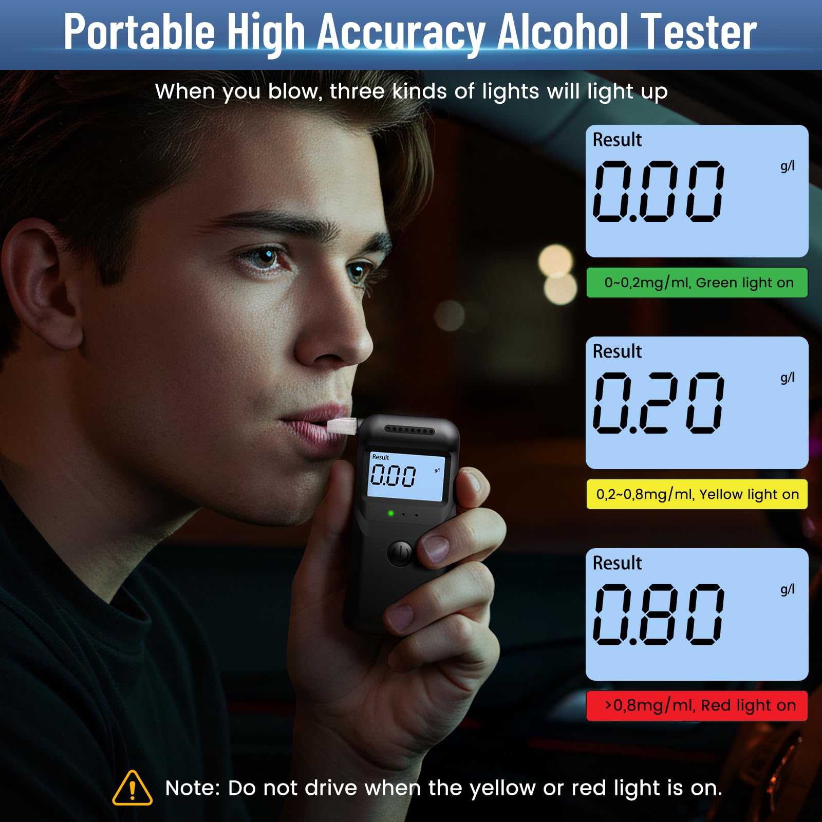 FIVAVA Alcoholimetro Digital Homologado, Alcoholímetro Alcohol Test | Precisión ±0,01% | Portátil LCD Digital | 20 Boquillas Reutilizables | Test Alcoholemia Uso Doméstico/Profesional