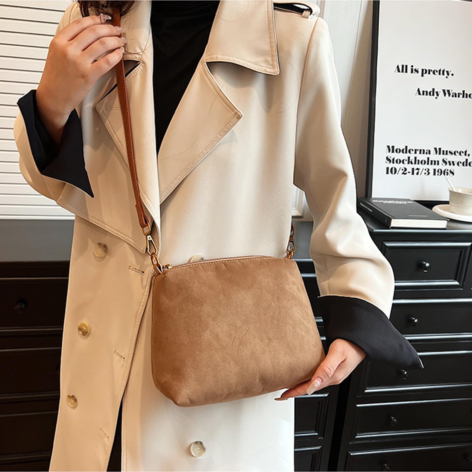 CORIOS Borsa a Mano in Lana di Agnello da Donna, Spalla in Pelle Scamosciata Grande, Tracolla Morbido Peluche, Tote Retro Messenger 2 Pezzi Marrone