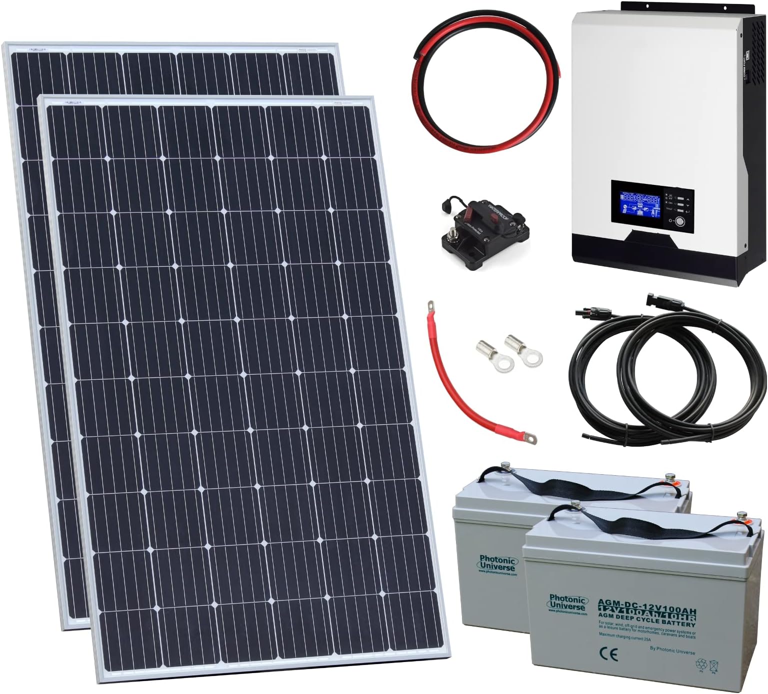 600W 24V Complete Off-grid solar power system with 2 x 300W solar panels, 2kW hybrid inverter and 2 x 100Ah batteries