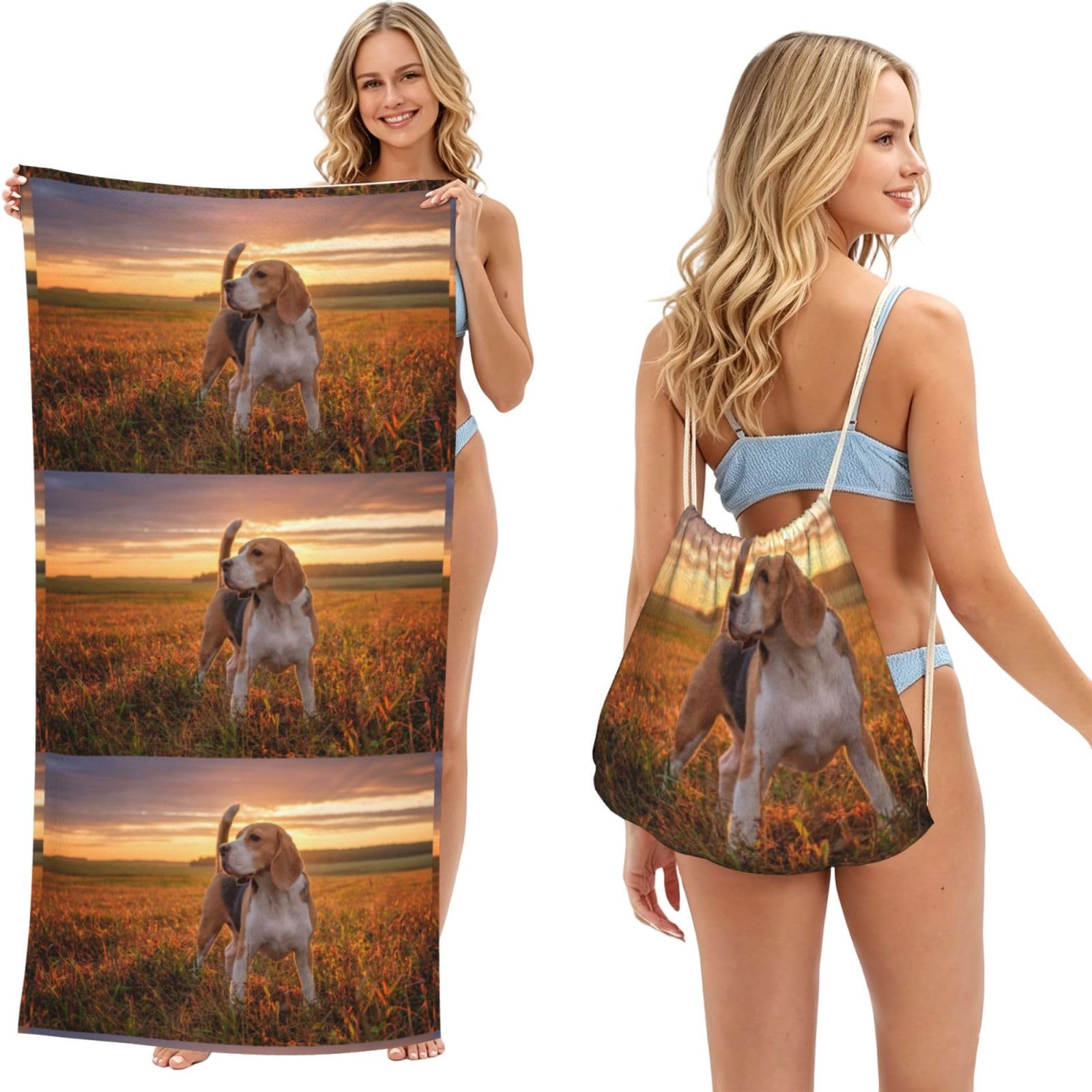 Poadnly As Picture Beagle Lawn Dogs On A Walk Pets Dogs Sunset, 2 In 1 Packable Towel Bag, Beach Towels With Drawstring Backpack For Travel Holiday Camping