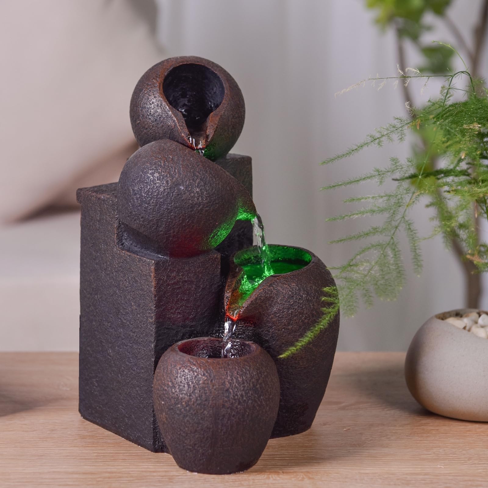 Fontaine d’Intérieur Cascade 4 Niveaux Jarre Effet Pierre Naturelle Lumière LED Coloré, Déco d’intérieur Zen et Élégant, Fontaine de Table, Idée Cadeau Exceptionnelle, H 25cm – Luba Zen’Light