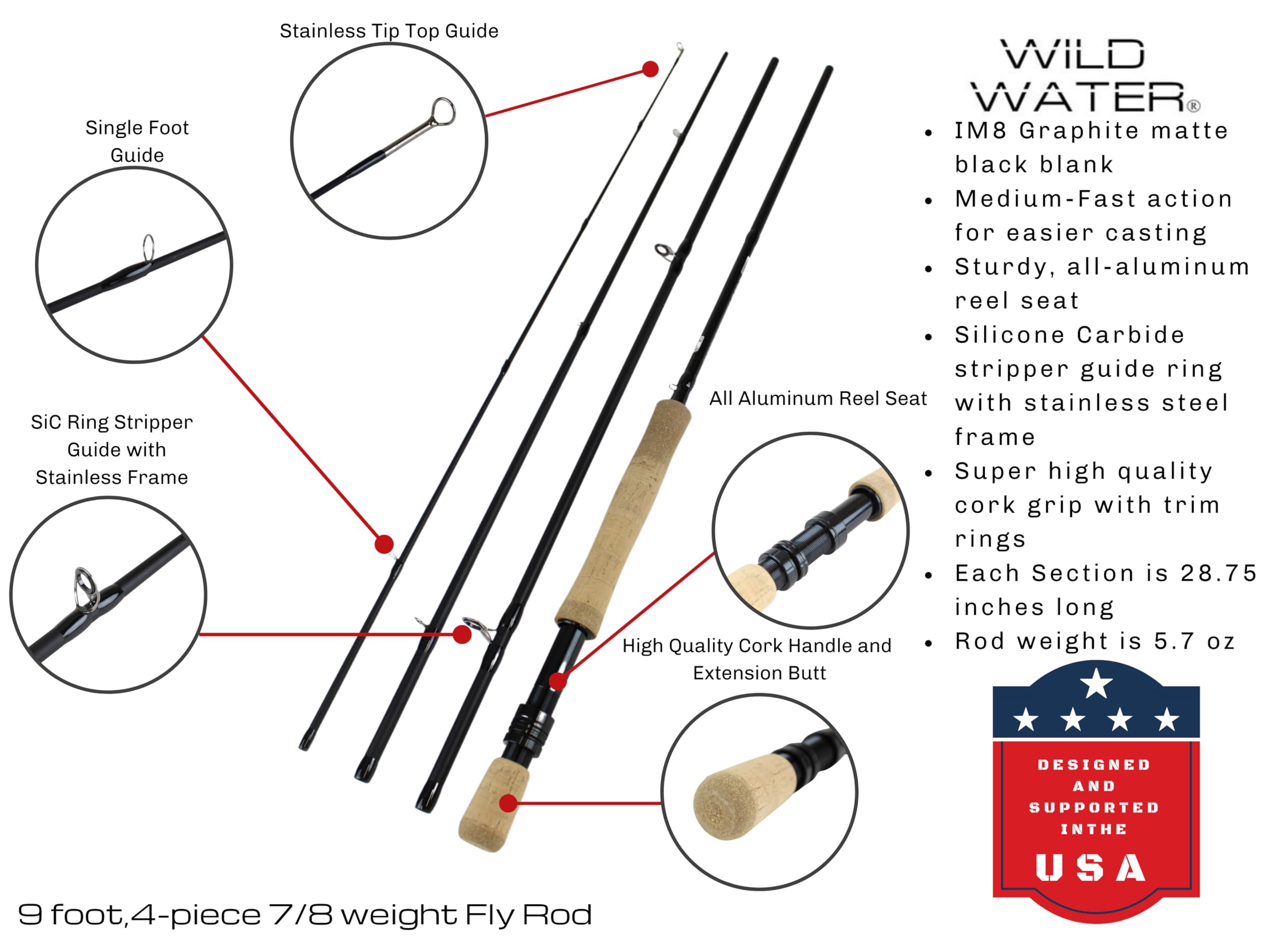 Wild Water Fly Fishing 9 Foot, 4-piece, 7/8 Weight Fly Rod Complete Fly Fishing Rod and Reel Combo Starter Package
