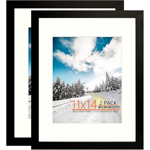 BOANKODU 11x14 Picture Frame Set of 2, Made of High Definition Transparent Plastic for 8x10 with Mat or 11x14 Without Mat, Wall Mounting Photo Frames, Black¡­
