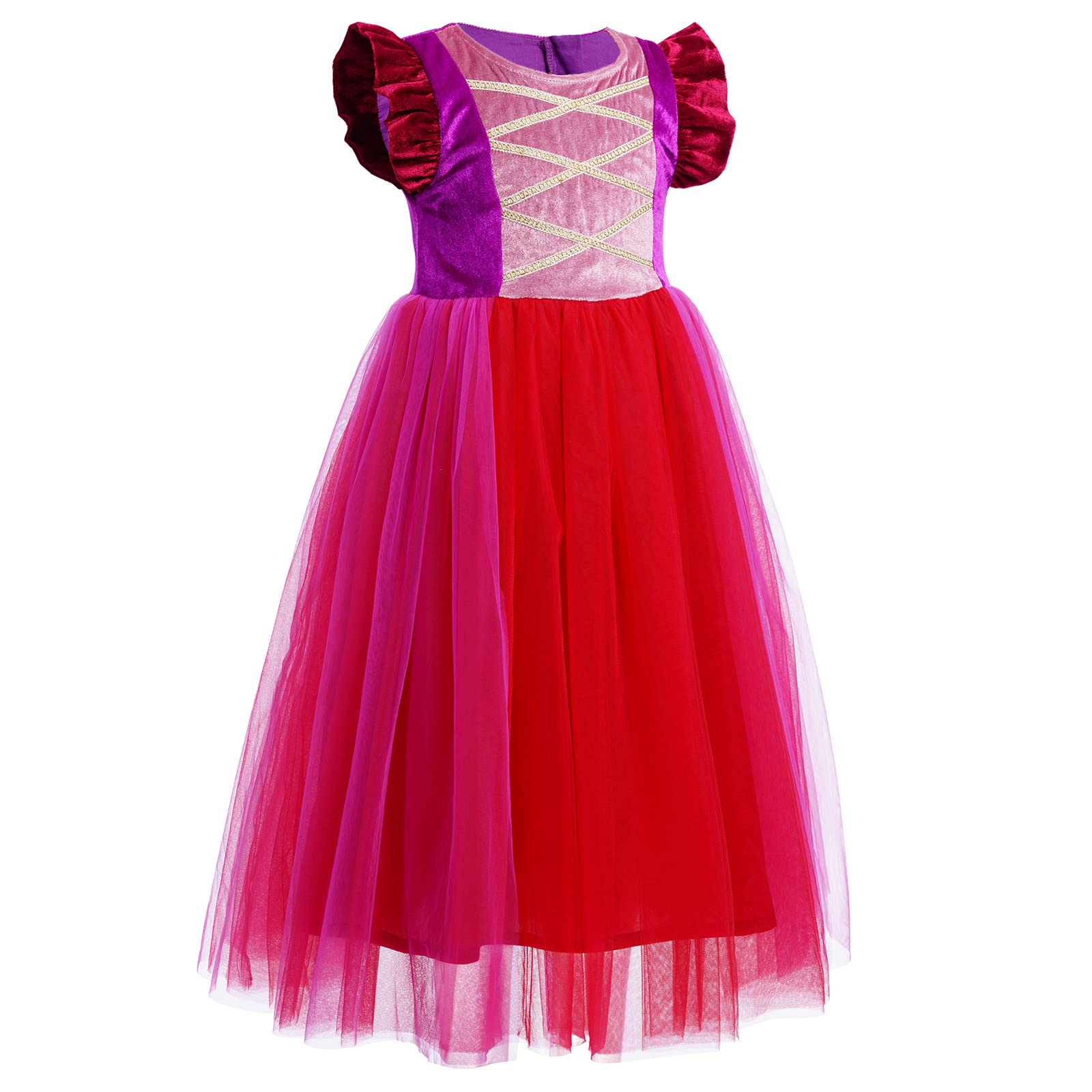 IWEMEK Déguisement Hocus Pocus Sorcière Enfant Robe Tutu pour Fille avec Cape et Perruque – Costume Halloween Élégant en Tulle Multilayer de Carnaval