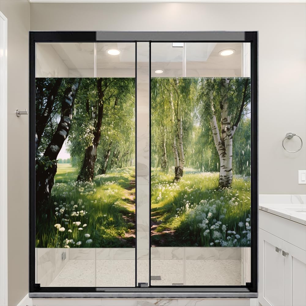 Rustic Forest Window Privacy Film Natural Flowers and Plants Modern Stained Glass Window Coverings No Glue Static Cling Window Film for Home Office Stores 27.6Wx47.2L-inch x2 Pcs