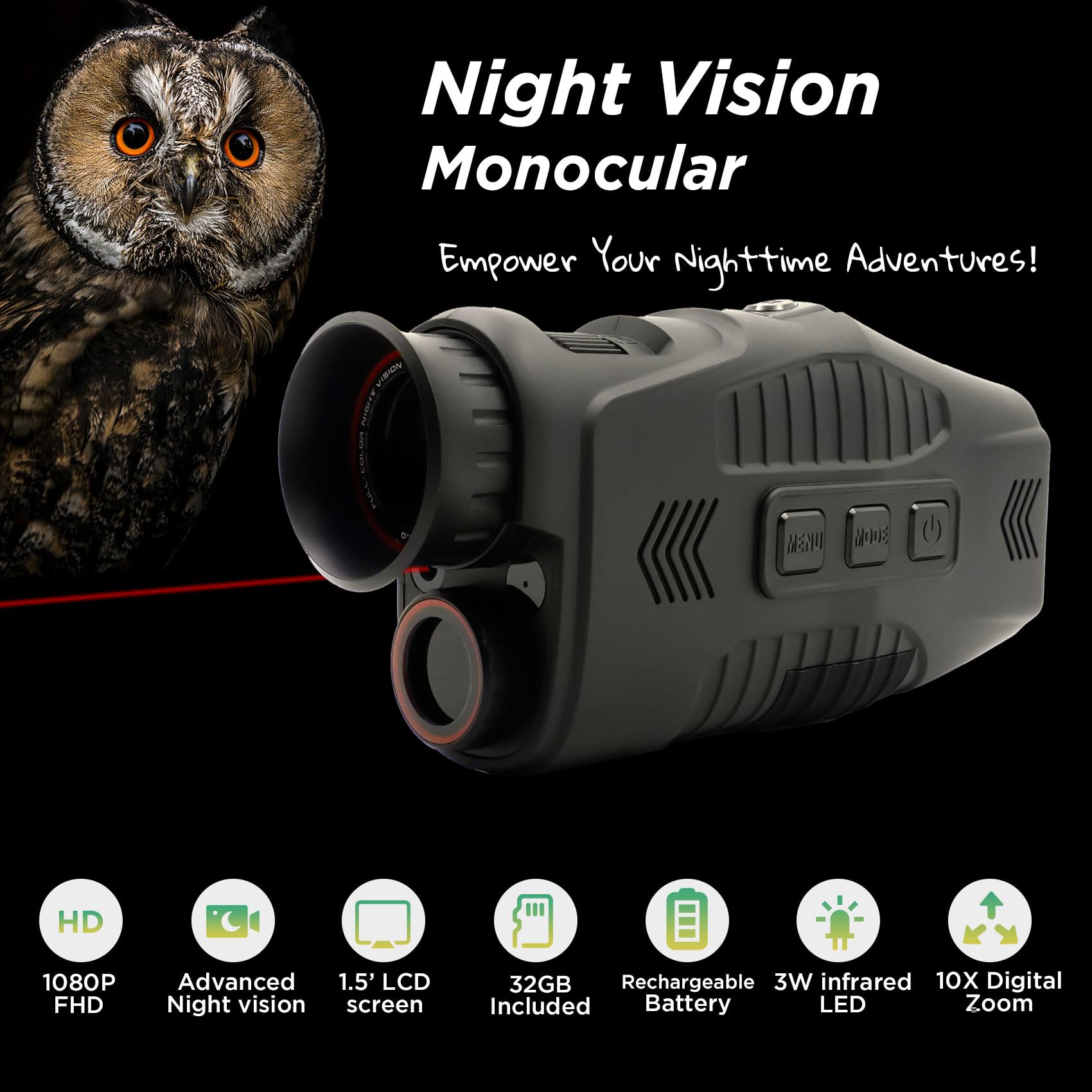 1080p Digital Night Vision Monocular – Save Photos & Video – IPX4 Water Resistant, Black
