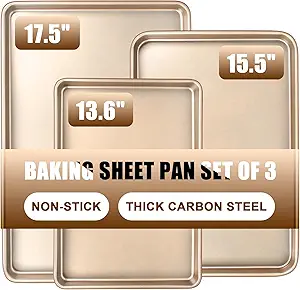 Baking Sheet Pan Set of 3, Commercial Cookie Sheets for Baking, Nonstick Half/Quarter/Jelly Roll Pans Replacement Toaster Oven Tray, Heavy Duty & Easy Clean, Champagne Gold