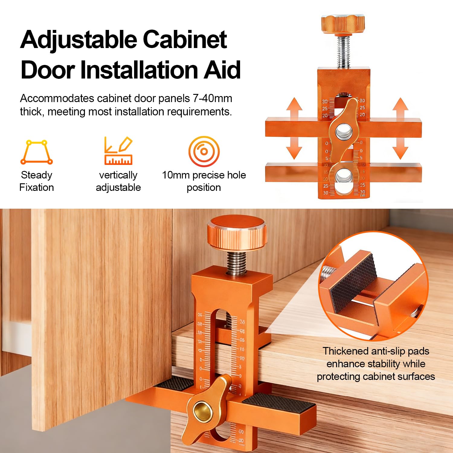 2-en-1 Positionneur d'Installation de Porte d'Armoireréglable en Hauteur, Gabarit de Percage, Forets 6/8/10 mm, pour Porte d'Armoire, Compatible panneaux 7–40 mm, Manuel d'instructions illustré