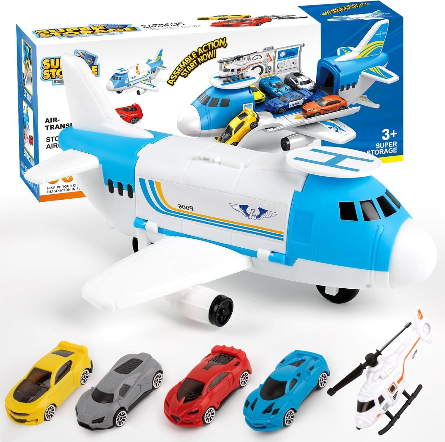 m zimoon Avions Jouets Transporteur Ensemble avec 4 Voitures, 1 pièces Hélicoptère Jouet et 1 Bricolage Autocollants Cadeau pour 3-12 Ans Garçons Filles