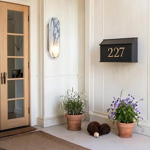 Miniatura 5 de Sculptural White Marble Wall Sconce with Opal Glass Globe - Mid-Century Inspired Wall Light for Bedroom, Hallway, Living Room, Elegant Brass Finish,