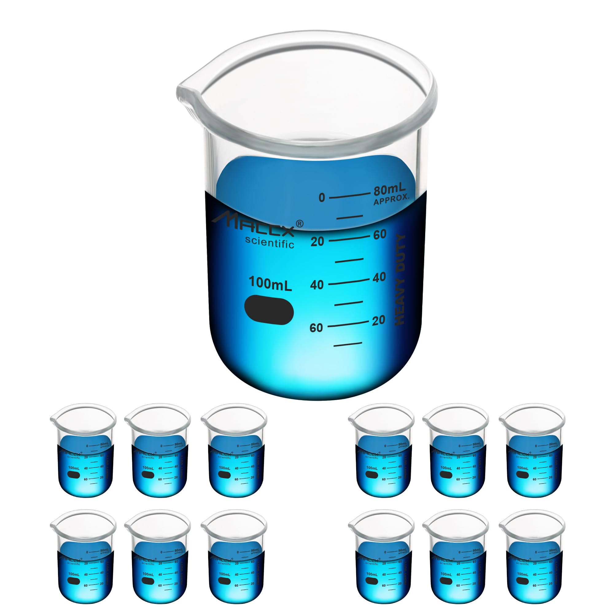 3.4oz(100ml) Sturdy Glass Beaker, Heavy-Duty Lab Beaker Set, 3.3 Borosilicate Griffin Low Form with Printed Graduation, Pack of 12, BKL100-012