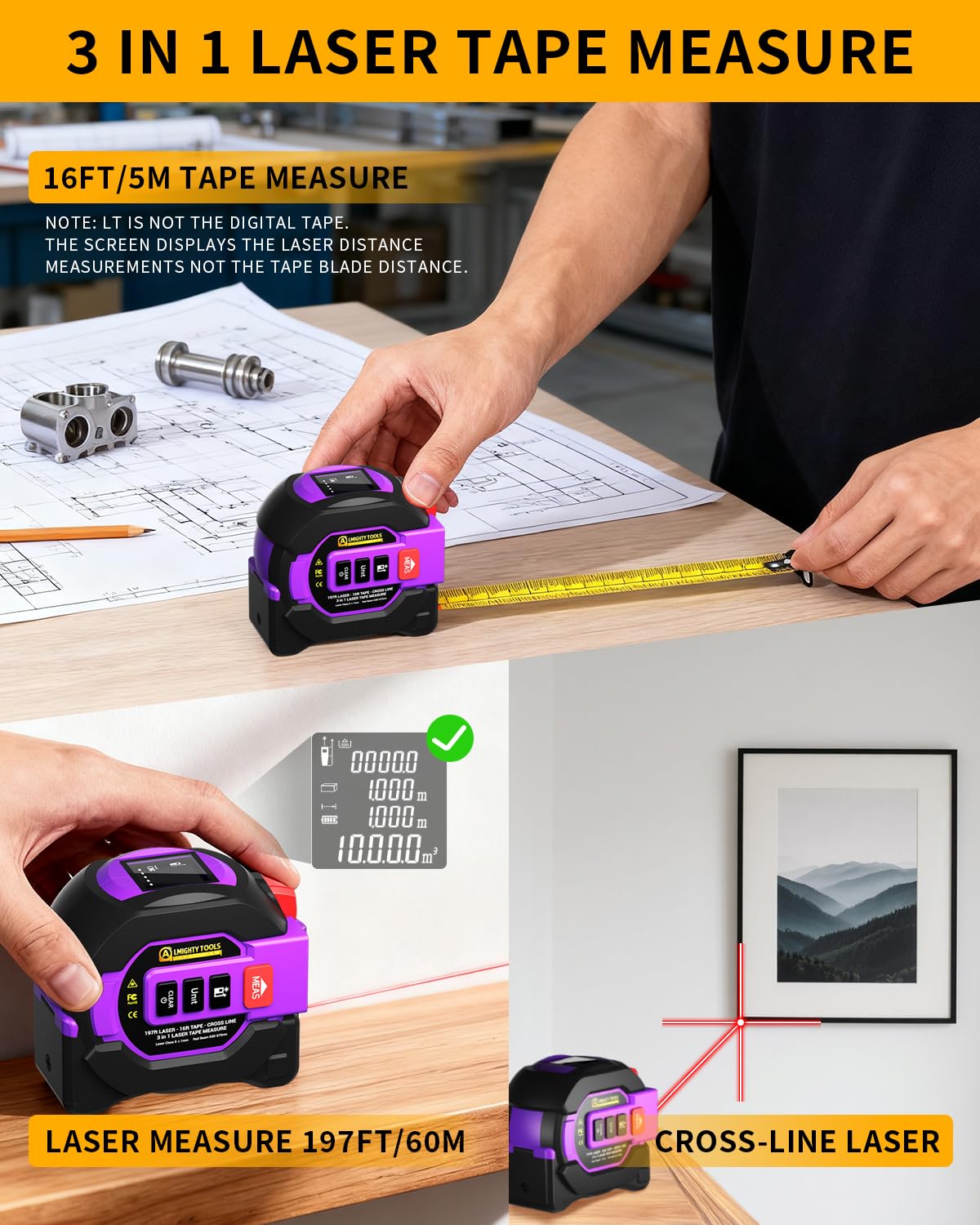 Metro a nastro laser digitale 3 in 1, misuratore di distanza laser da 60 m, metro a nastro digitale con linea trasversale, blocco automatico, interruttore unità ft/in/m, area di misura, volume