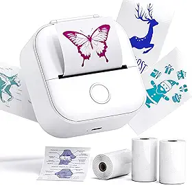 Phomemo Mini impressora de adesivos - Impressora térmica de cápsulas de impressão T02 Bluetooth Máquina de fazer adesivos com 3 rolos de papéis coloridos transparentes, para notas de estudo, adesivos