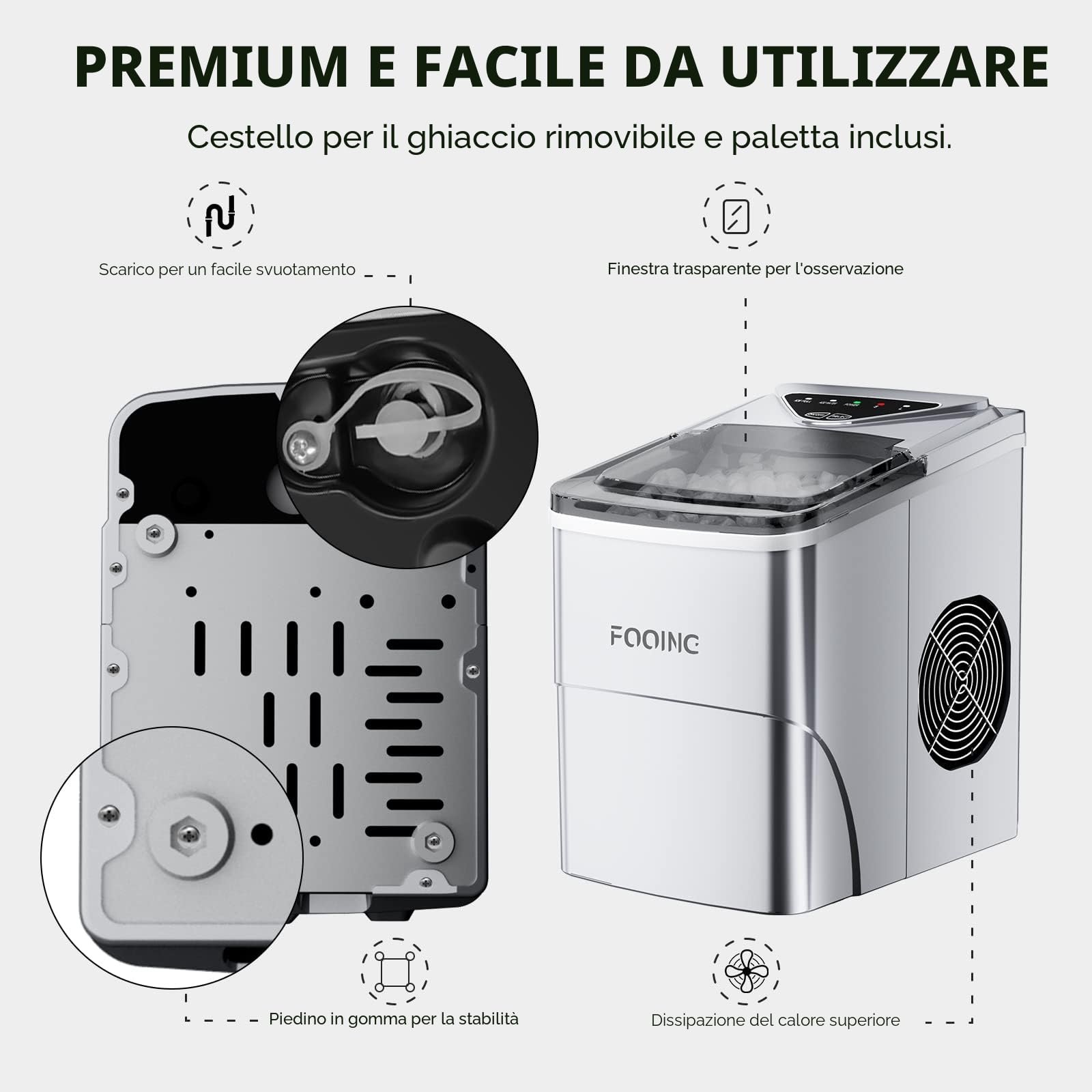 Macchina Ghiaccio Macchina per Ghiaccio da Banco, Macchina per Ghiaccio Autopulente, 9 Cubetti Pronti in 6 Minuti, 15KG in 24 H Macchina del Ghiaccio Portatile per Casa/Cucina/Ufficio/Bar