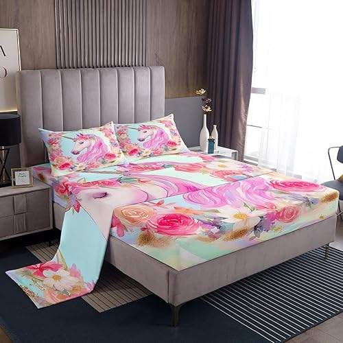 Miniatura 7 de Erosebridal Juego de sábanas de unicornio tamaño matrimonial, sábanas de cama Kawaii de dibujos animados de animales mágicos, sábana bajera Multi