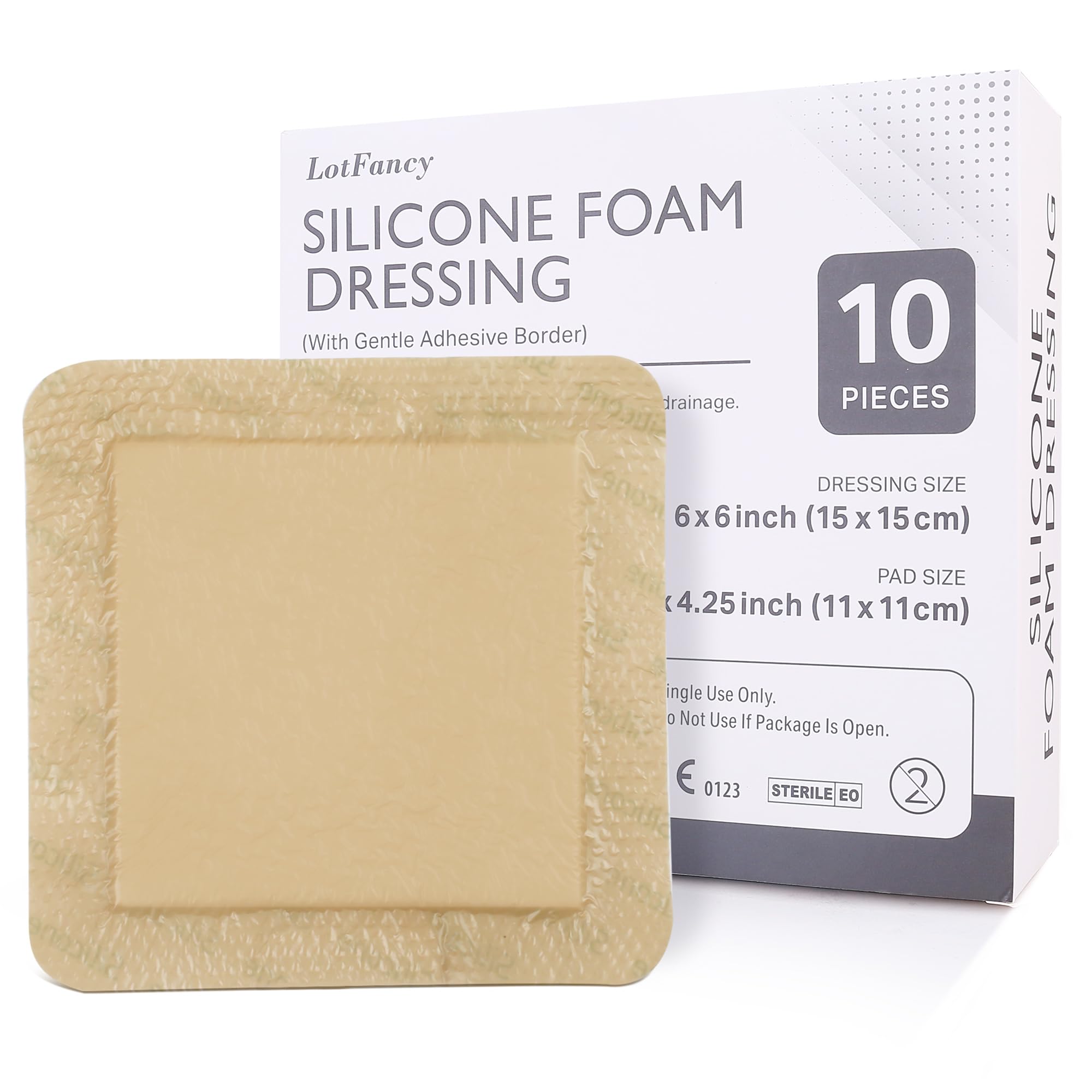 LotFancy Silicone Foam Dressing, 6"x 6" (4.3" x 4.3" Pad), 10 Count, Medical Sterile Wound Dressing with Border, Bed Sores, Pressure Ulcers Healing Bandage Pad, Highly Absorbent, Waterproof