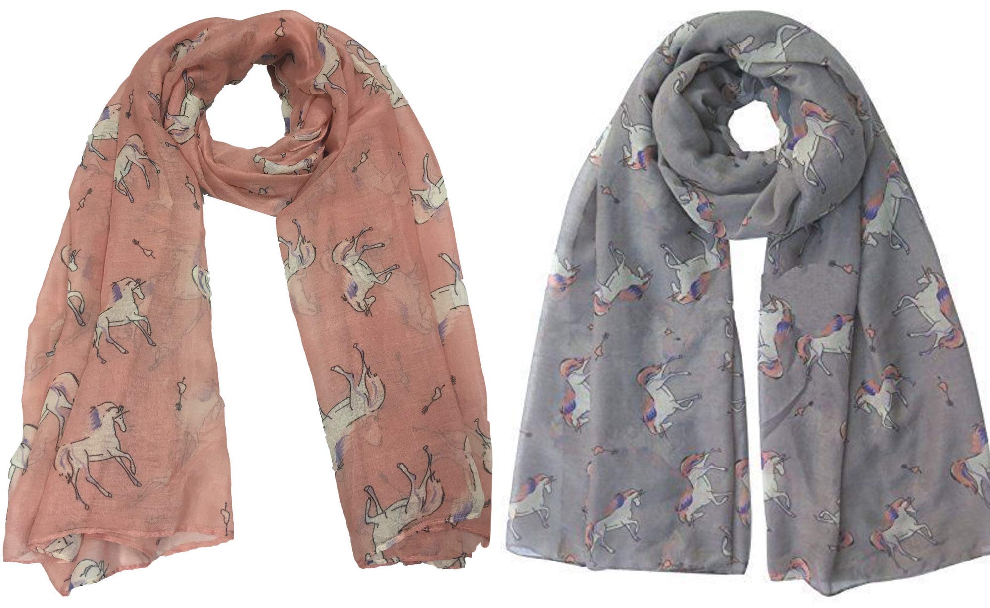 Christmas Bonanza Pack of 2 Scarves Wrap Shawl Scarf for Women Ladies (Unicorn Horse - Peach & Silver, 2)