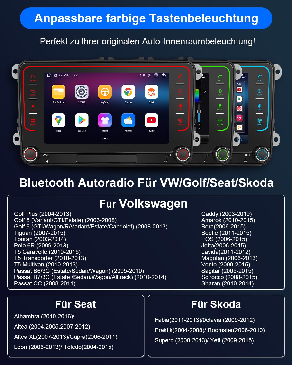 Autoradio mit Bildschirm für VW Golf 5 6 T5 Passat Polo 6R Tiguan Seat Skoda, 7 Zoll VW Caddy Radio 2Din mit Apple CarPlay Android Auto Mirrorlink DAB+ Navi Bluetooth WLAN Canbus GPS 8-Kern 4+64GB