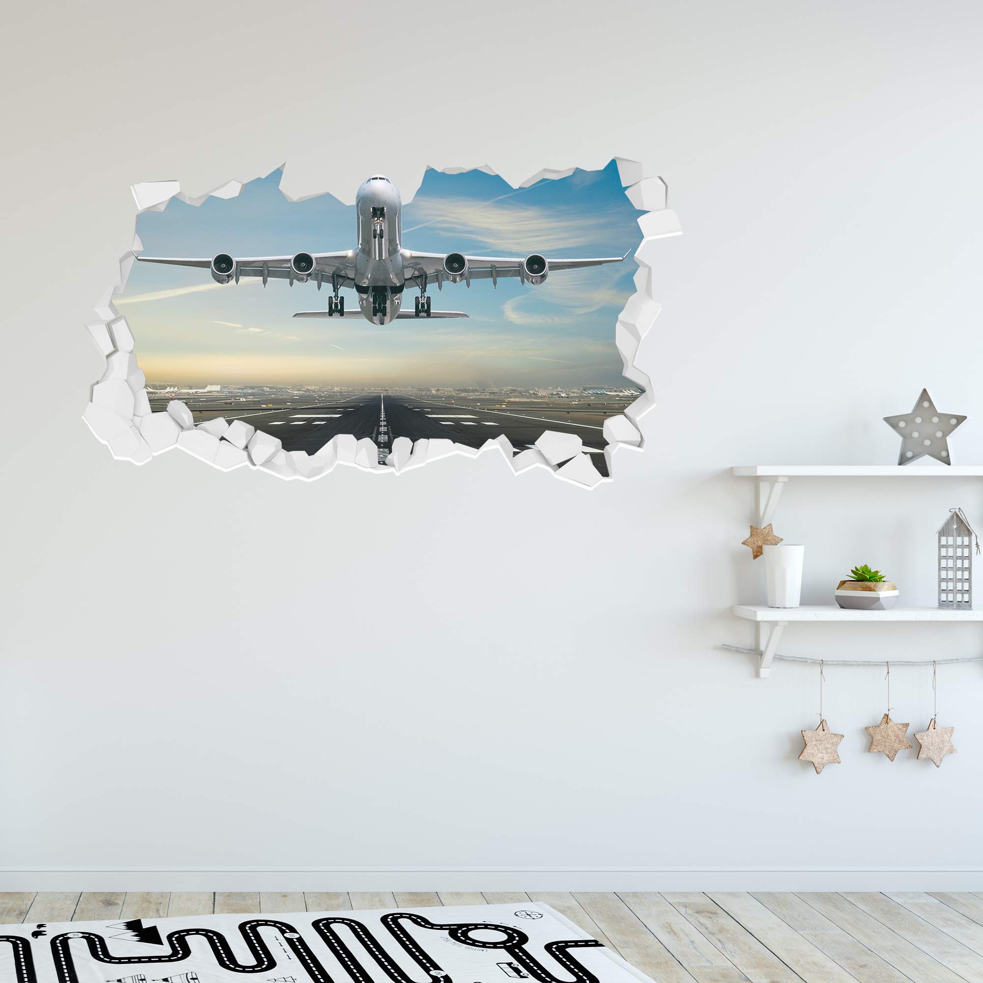 Beautiful Game Gray Plane Taking Off Broken Wall Sticker Kids Bedroom Art Decal Mural (60Cm Width X 30Cm Height)