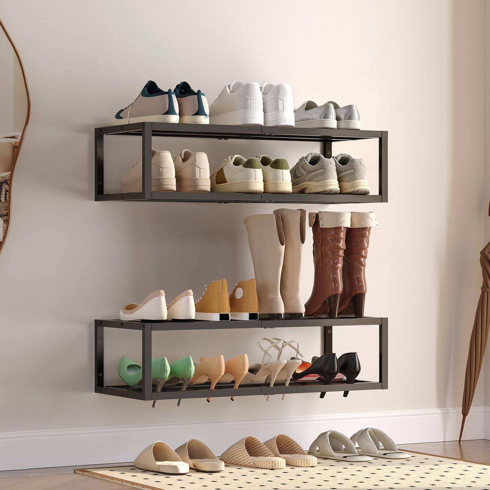 HOOBRO Scaffali da Parete per Scarpe, Set di 2 Porta Scarpe a Muro in Metallo, Compatto, per 12-16 Paia, Scarpiera da Parete per Ingresso, Armadio, Piccoli Spazi, Nero EBK44XJP201