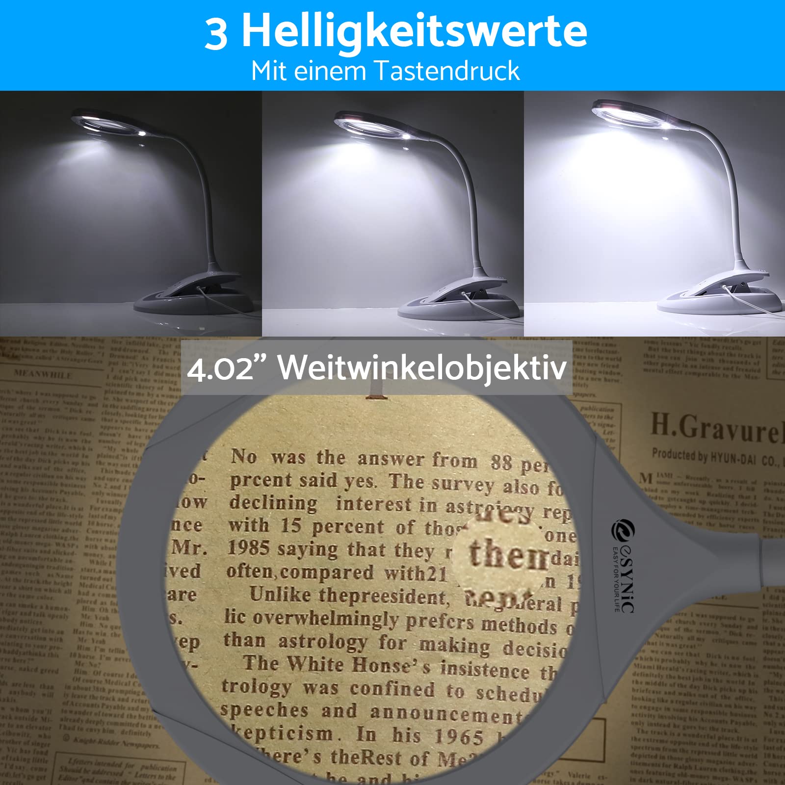 eSynic Lupenleuchte LED 2 in 1 Lupe 5X 10X Lupenlampe Schreibtischlampe Lupe mit Licht und Ständer mit 3 Helligkeit einstellbar für Arbeiten Lesen Reparatur Heimwerker