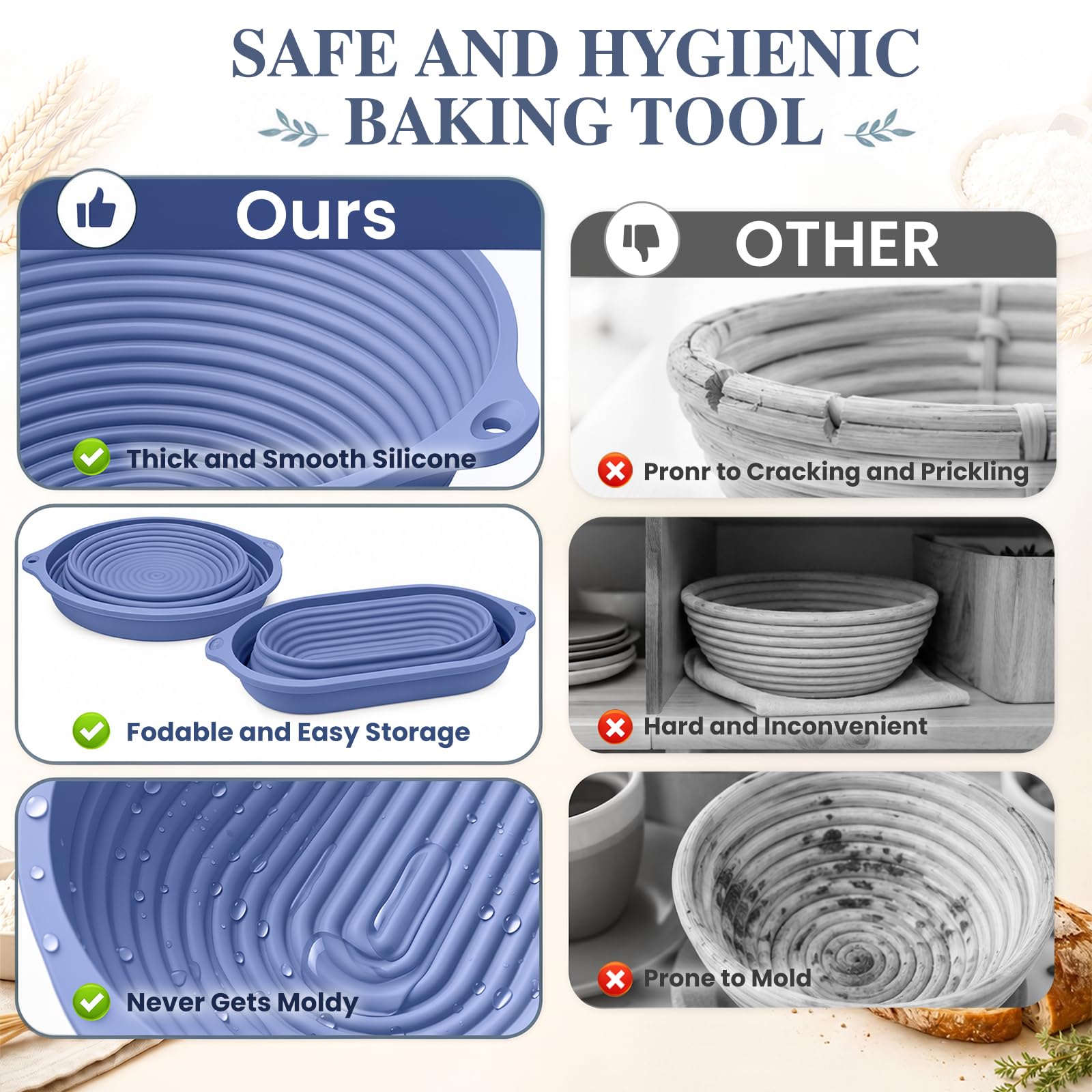 2 Paniers de Fermentation en Silicone pour Pain, Ovale de 29 cm et Rond de 26 cm, Bord Renforcé en Acier IntéGré, Pliables, Panier de Fermentation en Silicone pour PâTe, Pizza, PâTisseries (Bleu)